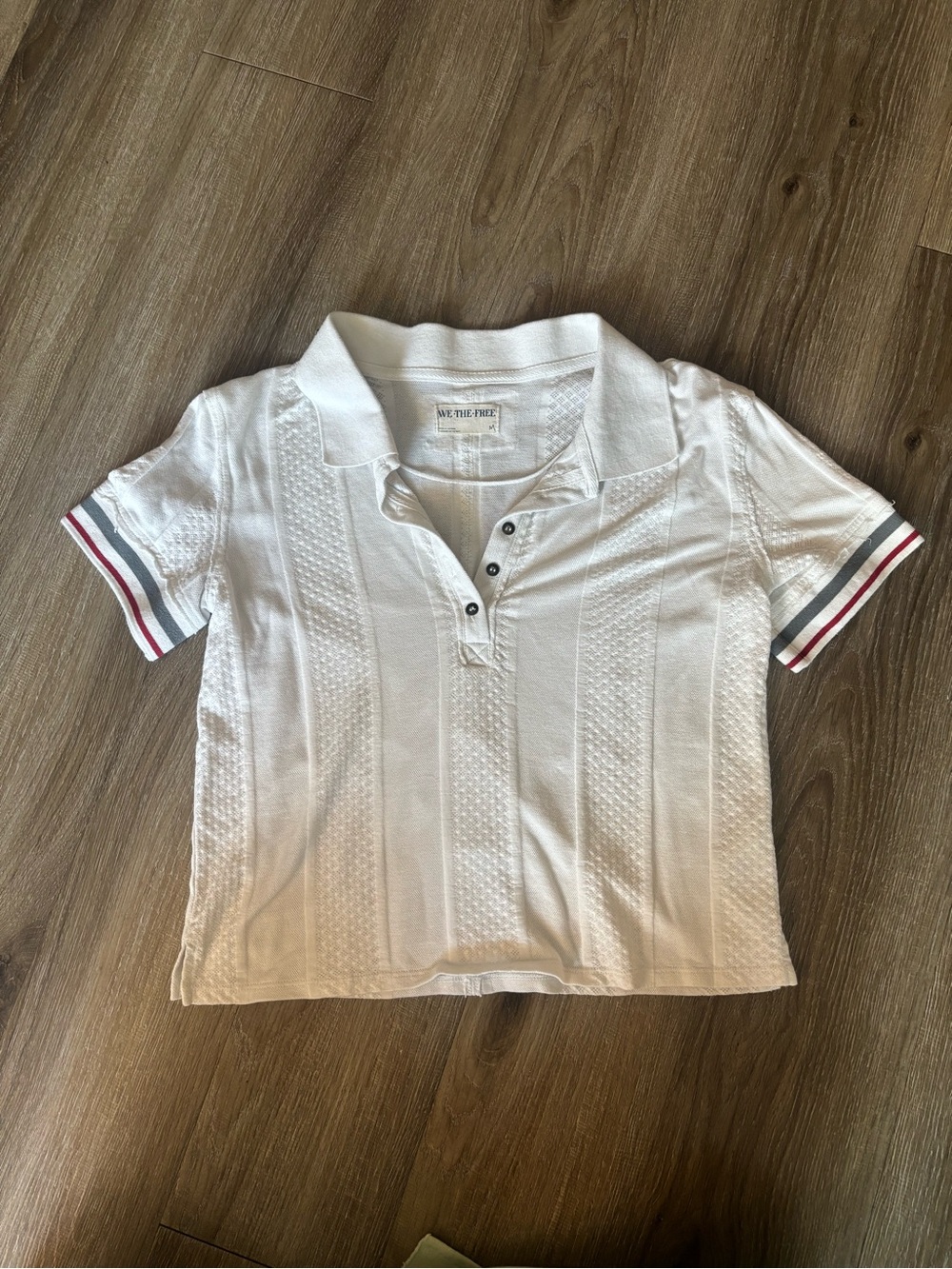 We The Free White Polo Top with Red and Gray Stripe Sleeves